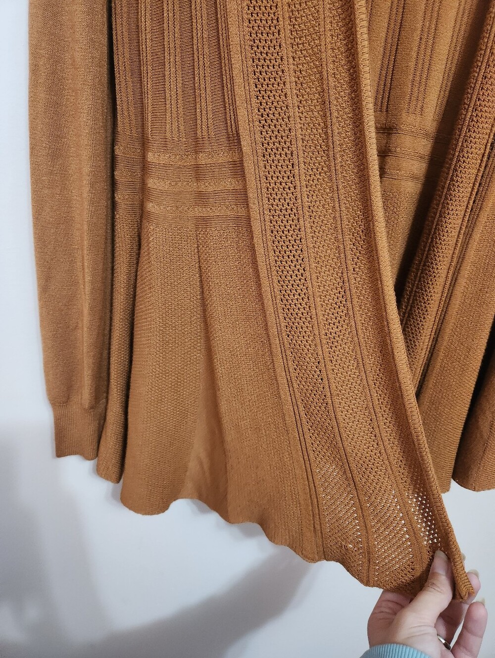 Cherie Bliss Camel Ribbed Peplum Open Front Cardigan Pointelle Crochet Trim M/L - Picture 3 of 7
